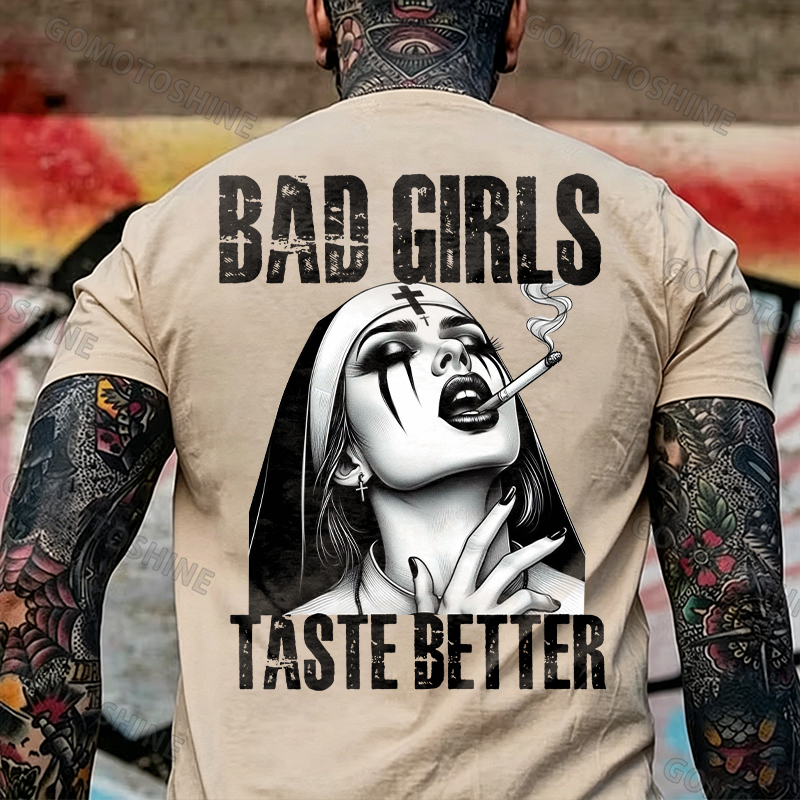 BAD GIRLS TASTE BETTER Sexy Smoking Nun Print Men's T-shirt Image - 8