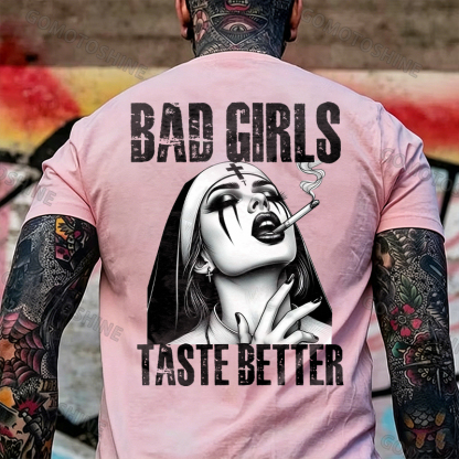 BAD GIRLS TASTE BETTER Sexy Smoking Nun Print Men's T-shirt Image - 11