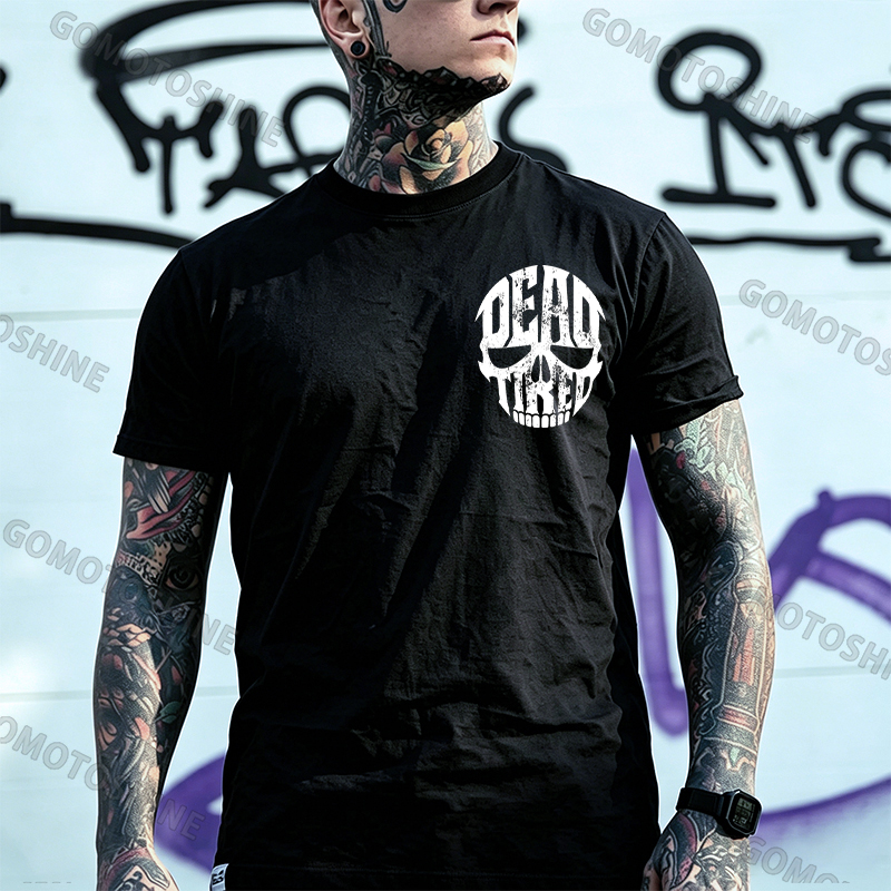 Dead Tired Skull Typography Illusion Gothic Heavy Metal Print Men's T-Shirt
