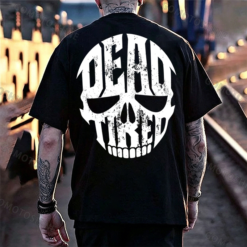 Dead Tired Skull Typography Illusion Gothic Heavy Metal Print Men's T-Shirt