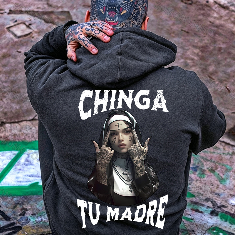 CHINGA TU MADRE Defiant Nun Print Men's Hoodie Image - 4