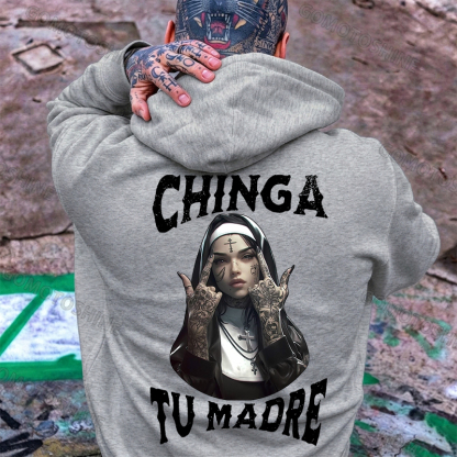 CHINGA TU MADRE Defiant Nun Print Men's Hoodie Image - 6