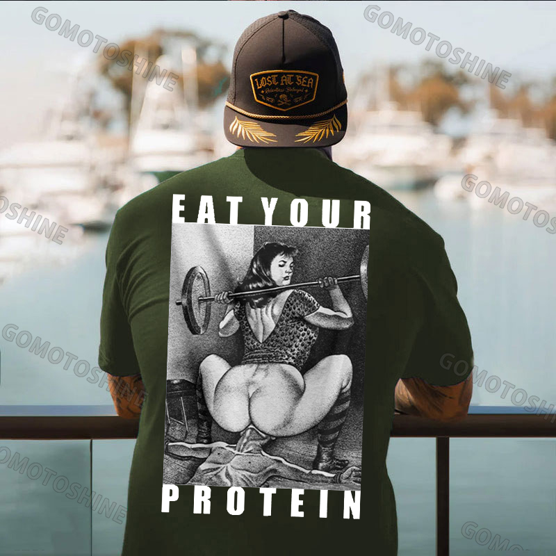EAT YOUR PROTEIN Barbell Squat Double Entendre Erotica Adult Humor Print Men's T-Shirt Image - 2
