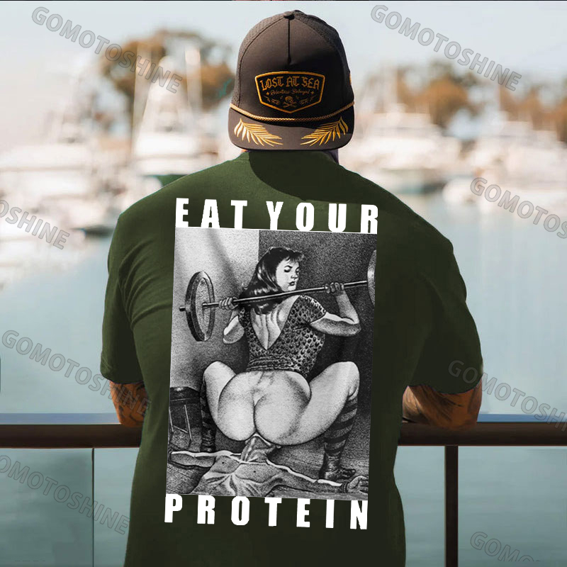 EAT YOUR PROTEIN Barbell Squat Double Entendre Erotica Adult Humor Print Men's T-Shirt Image - 2