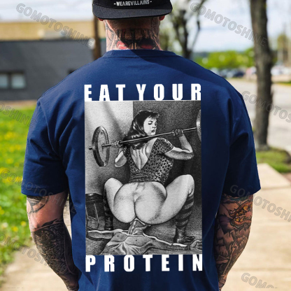 EAT YOUR PROTEIN Barbell Squat Double Entendre Erotica Adult Humor Print Men's T-Shirt Image - 5