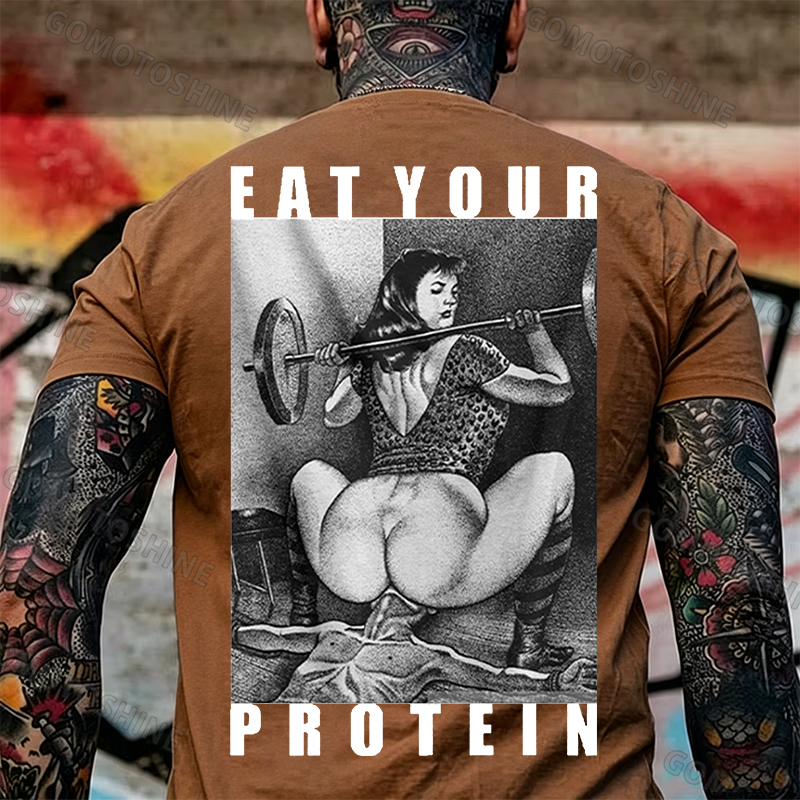 EAT YOUR PROTEIN Barbell Squat Double Entendre Erotica Adult Humor Print Men's T-Shirt Image - 6