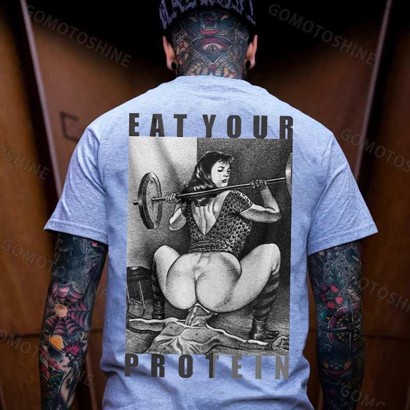 EAT YOUR PROTEIN Barbell Squat Double Entendre Erotica Adult Humor Print Men's T-Shirt Image - 10