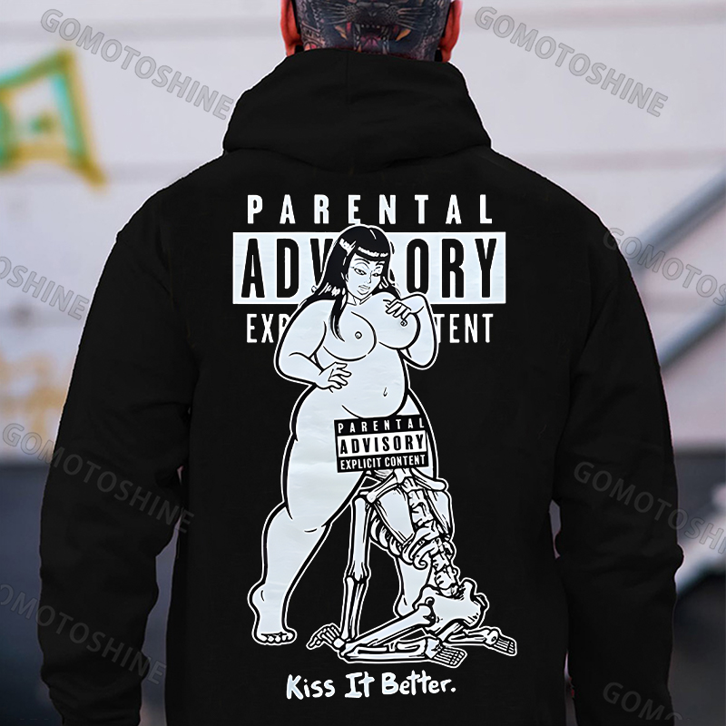 PARENTAL ADVISORY EXPLICIT CONTENT Kiss It Better Thick Chubby Girl Skeleton Pop Art Printed Man's Hoodie Image - 1