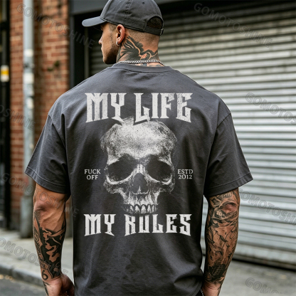 MY LIFE MY RULES Skull Print Men's T-Shirt Image - 12