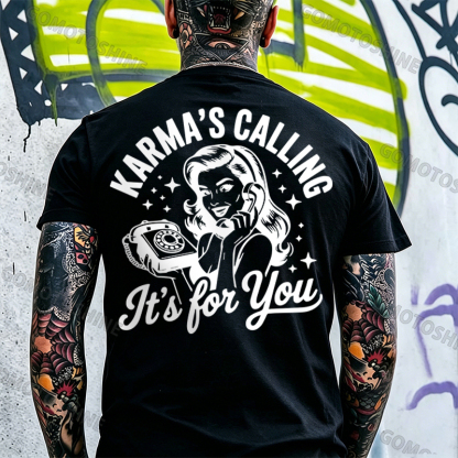 KARMAS' CALLING IT'S FOR YOU Pin-up Girl Print Men's T-Shirt Image - 4