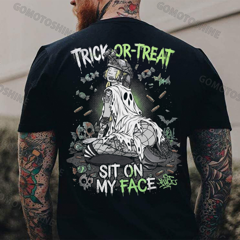 Trick or Treat Sit on My Face Tactical Girl Men's Graphic T-Shirt Halloween Funny Meme Slogan Image - 1