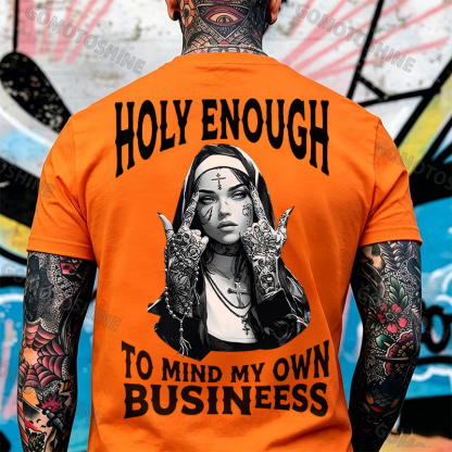 HOLY ENOUGH TO MIND MY OWN BUSINESS Chicano Tattoo Nun Print Men's T-Shirt Image - 5