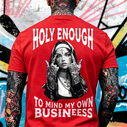 HOLY ENOUGH TO MIND MY OWN BUSINESS Chicano Tattoo Nun Print Men's T-Shirt Image - 8
