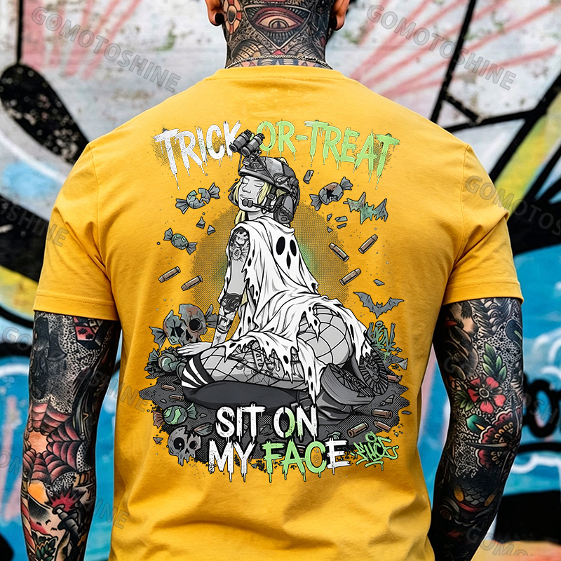 Trick or Treat Sit on My Face Tactical Girl Men's Graphic T-Shirt Halloween Funny Meme Slogan Image - 2