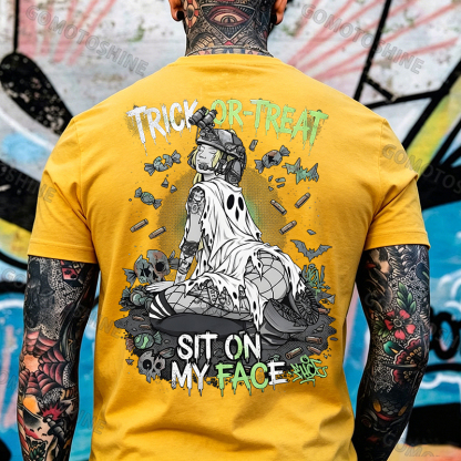 Trick or Treat Sit on My Face Tactical Girl Men's Graphic T-Shirt Halloween Funny Meme Slogan Image - 2