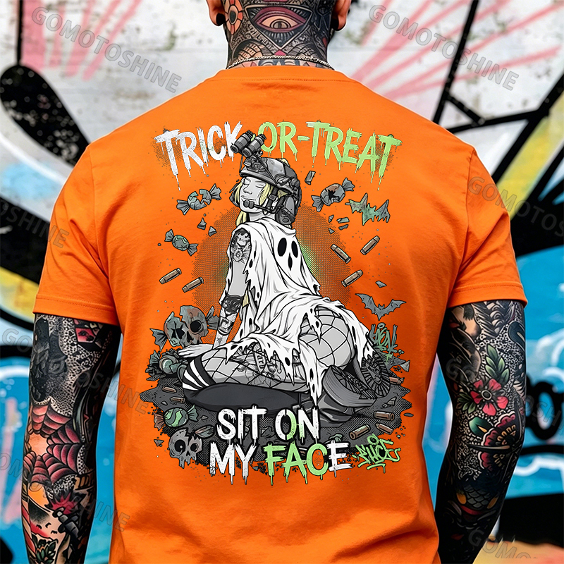 Trick or Treat Sit on My Face Tactical Girl Men's Graphic T-Shirt Halloween Funny Meme Slogan Image - 3