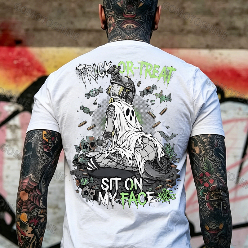 Trick or Treat Sit on My Face Tactical Girl Men's Graphic T-Shirt Halloween Funny Meme Slogan Image - 4