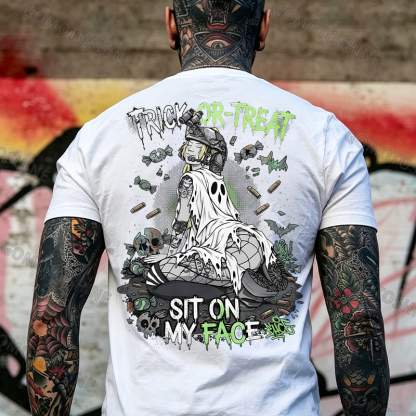 Trick or Treat Sit on My Face Tactical Girl Men's Graphic T-Shirt Halloween Funny Meme Slogan Image - 4