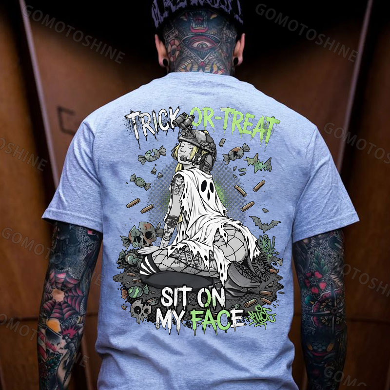 Trick or Treat Sit on My Face Tactical Girl Men's Graphic T-Shirt Halloween Funny Meme Slogan Image - 5