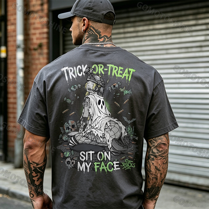 Trick or Treat Sit on My Face Tactical Girl Men's Graphic T-Shirt Halloween Funny Meme Slogan Image - 6