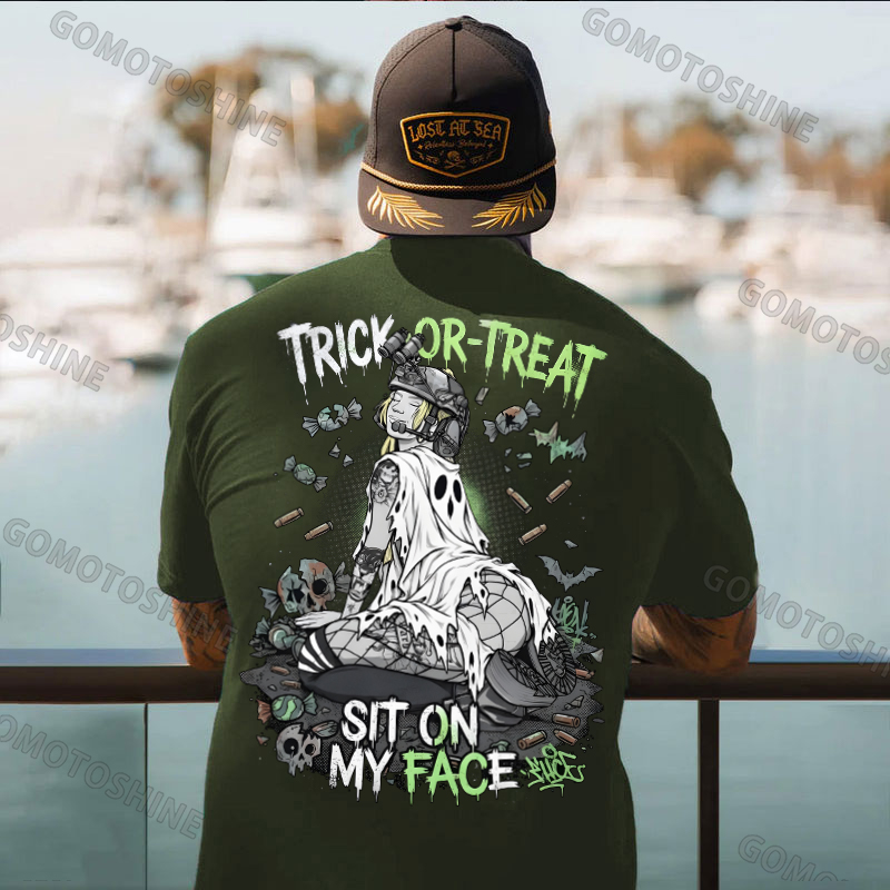 Trick or Treat Sit on My Face Tactical Girl Men's Graphic T-Shirt Halloween Funny Meme Slogan Image - 7