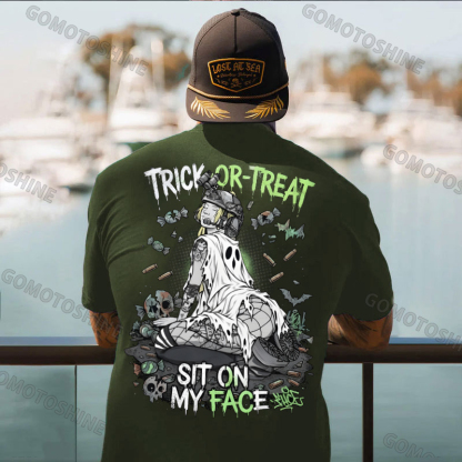 Trick or Treat Sit on My Face Tactical Girl Men's Graphic T-Shirt Halloween Funny Meme Slogan Image - 7