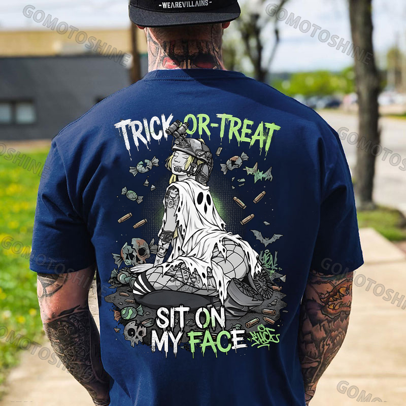 Trick or Treat Sit on My Face Tactical Girl Men's Graphic T-Shirt Halloween Funny Meme Slogan Image - 8