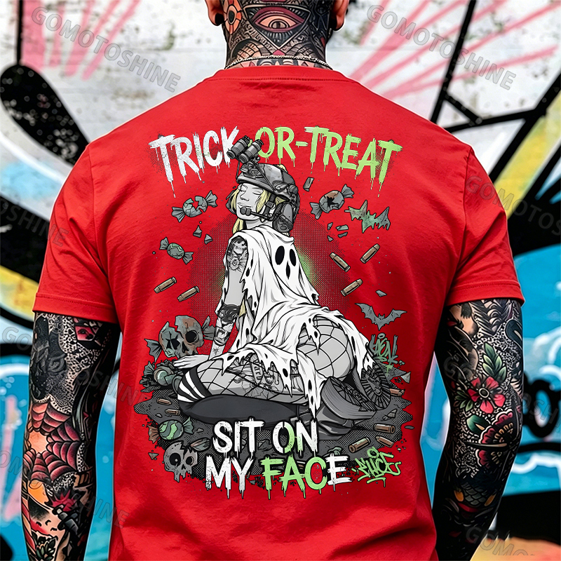 Trick or Treat Sit on My Face Tactical Girl Men's Graphic T-Shirt Halloween Funny Meme Slogan Image - 9