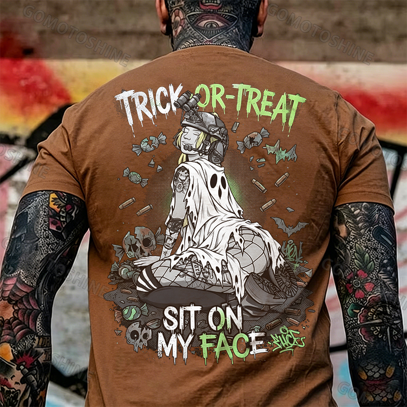 Trick or Treat Sit on My Face Tactical Girl Men's Graphic T-Shirt Halloween Funny Meme Slogan Image - 10