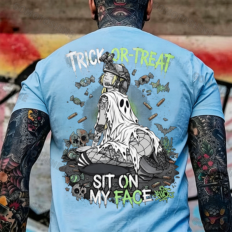 Trick or Treat Sit on My Face Tactical Girl Men's Graphic T-Shirt Halloween Funny Meme Slogan Image - 11