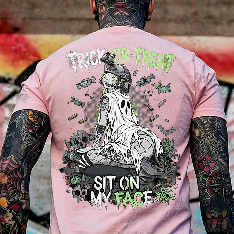 Trick or Treat Sit on My Face Tactical Girl Men's Graphic T-Shirt Halloween Funny Meme Slogan Image - 12