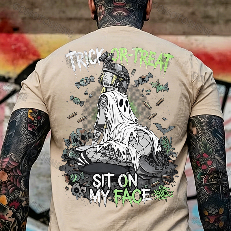 Trick or Treat Sit on My Face Tactical Girl Men's Graphic T-Shirt Halloween Funny Meme Slogan Image - 13