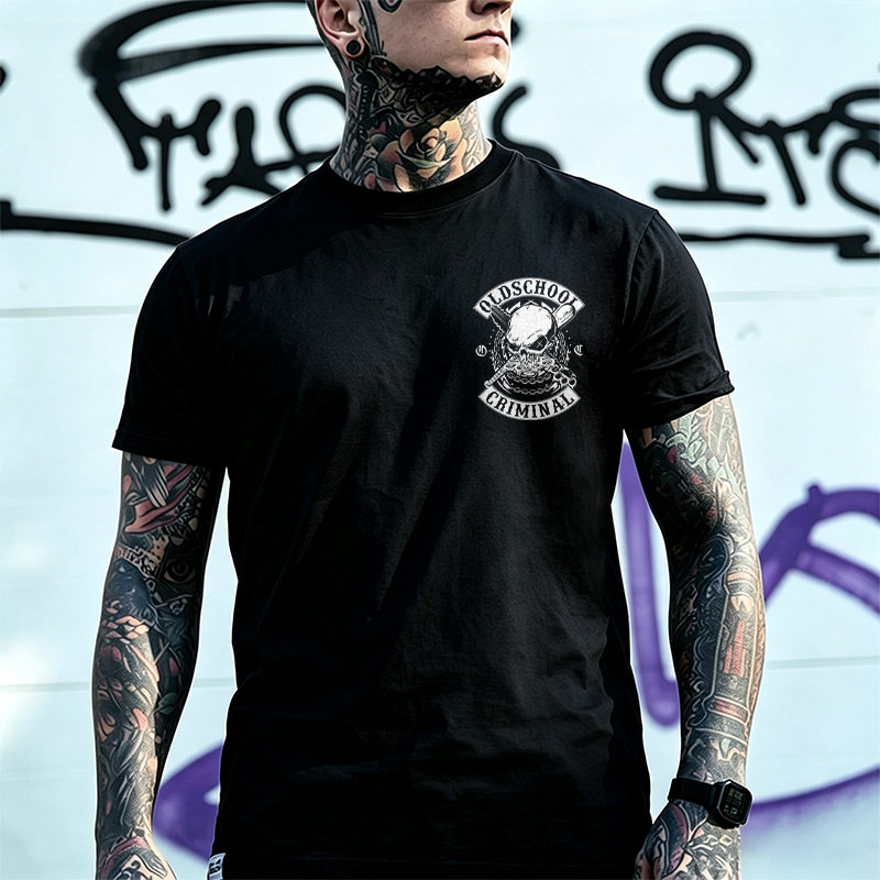 Oldschool Criminal Skull Brass Knuckles Weaponry Men's Graphic T-Shirt Edgy Heavy Metal Gangster Image - 2
