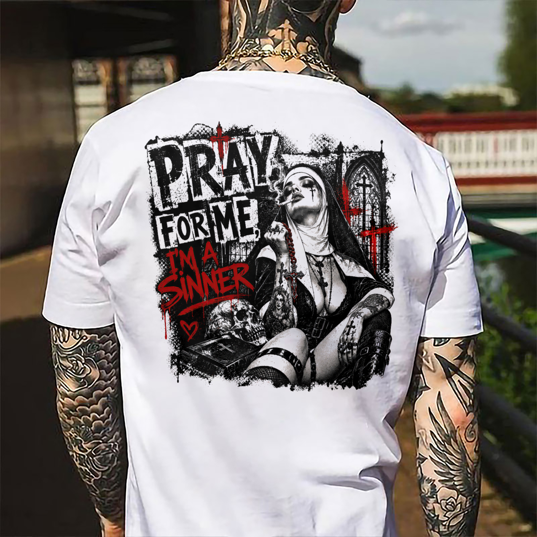 Pray For Me I'm A Sinner Smoking Nun Skull Men's Graphic T-Shirt Gothic Dark Art Edgy Chicano Tattoo Image - 1