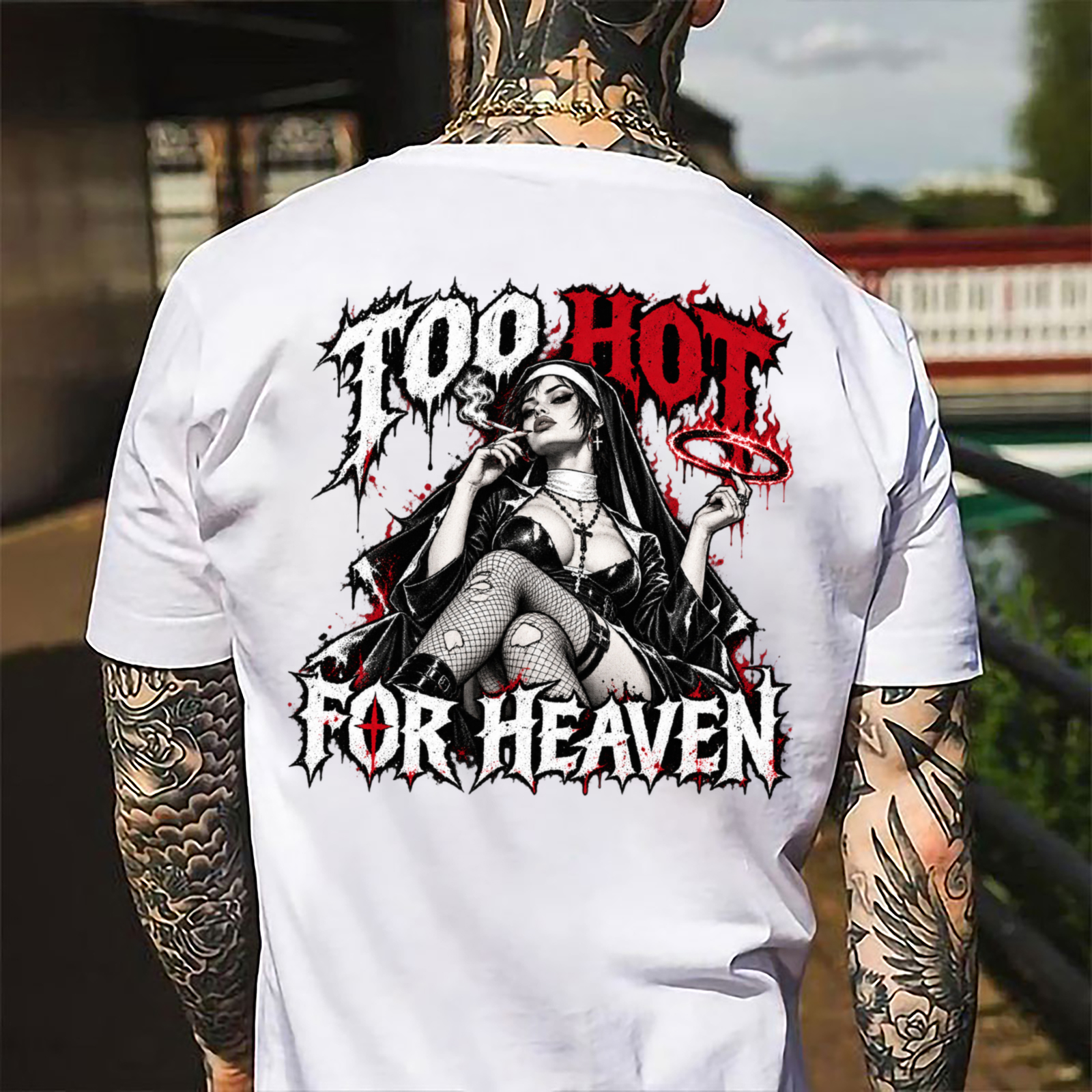 Too Hot For Heaven Smoking Nun Men's Graphic T-Shirt Gothic Dark Angel Edgy Chicano Image - 1