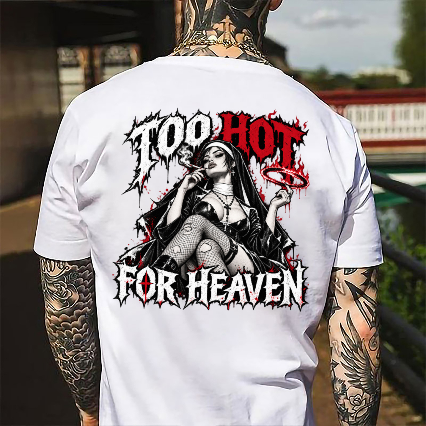 Too Hot For Heaven Smoking Nun Men's Graphic T-Shirt Gothic Dark Angel Edgy Chicano Image - 1