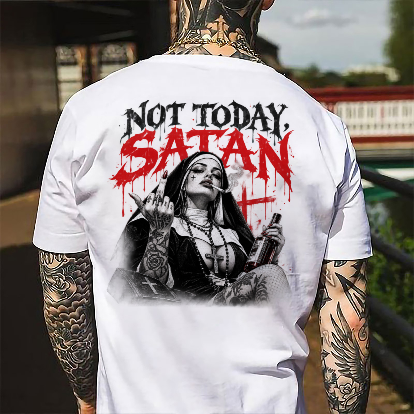 Not Today Satan Smoking Nun Middle Finger Men's Graphic T-Shirt Gothic Chicano Tattoo Art Image - 1