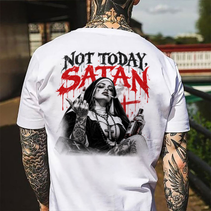 Not Today Satan Smoking Nun Middle Finger Men's Graphic T-Shirt Gothic Chicano Tattoo Art Image - 1