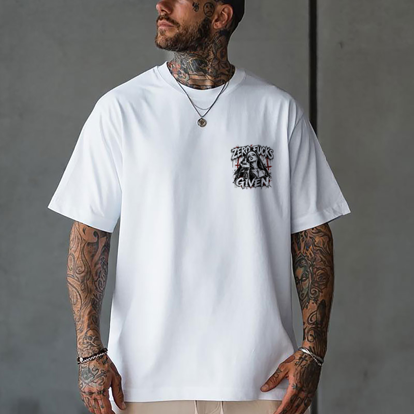 Zero Fucks Given Middle Finger Defiant Nun Men's Graphic T-Shirt Gothic Heavy Metal Inverted Cross Streetwear Image - 2