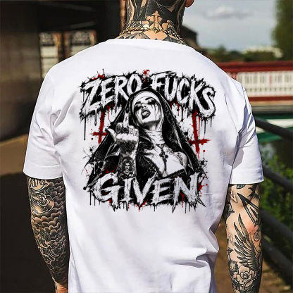 Zero Fucks Given Middle Finger Defiant Nun Men's Graphic T-Shirt Gothic Heavy Metal Inverted Cross Streetwear Image - 1
