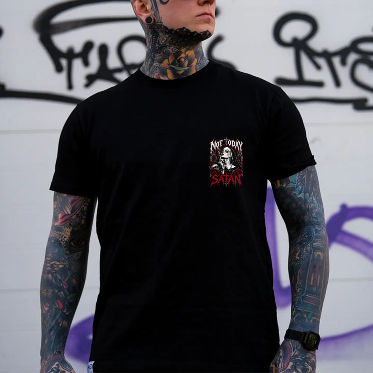 Not Today Satan Smoking Nun Red Roses Skull Men's Graphic T-Shirt Gothic Chicano Tattoo Art Image - 2