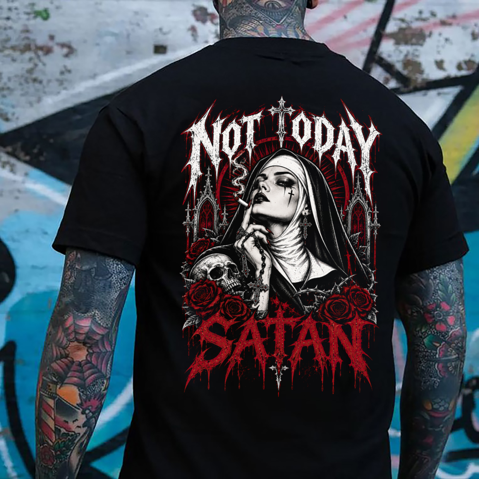 Not Today Satan Smoking Nun Red Roses Skull Men's Graphic T-Shirt Gothic Chicano Tattoo Art Image - 1