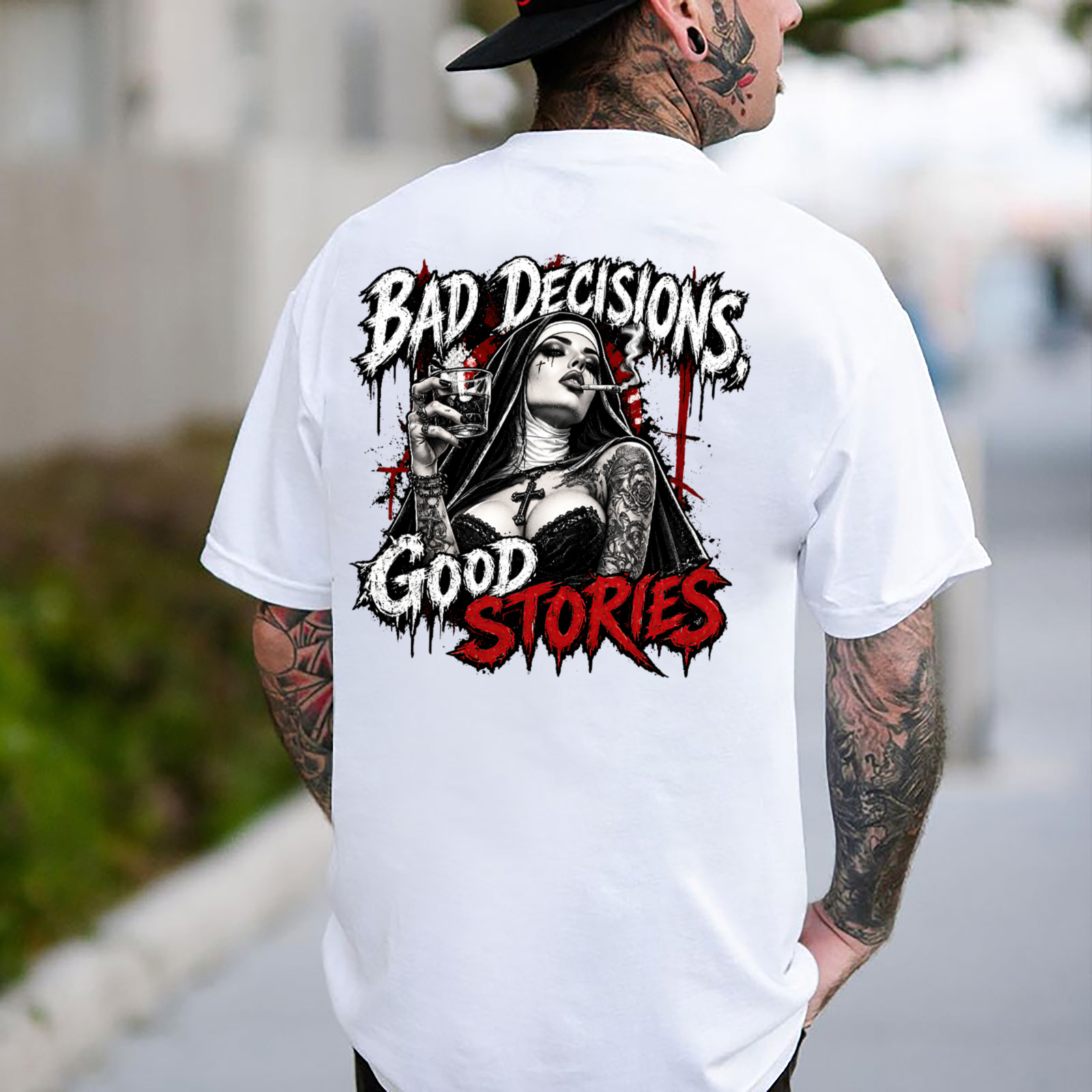 Bad Decisions Good Stories Smoking Nun Whiskey Men's Graphic T-Shirt Gothic Chicano Tattoo Art Image - 1