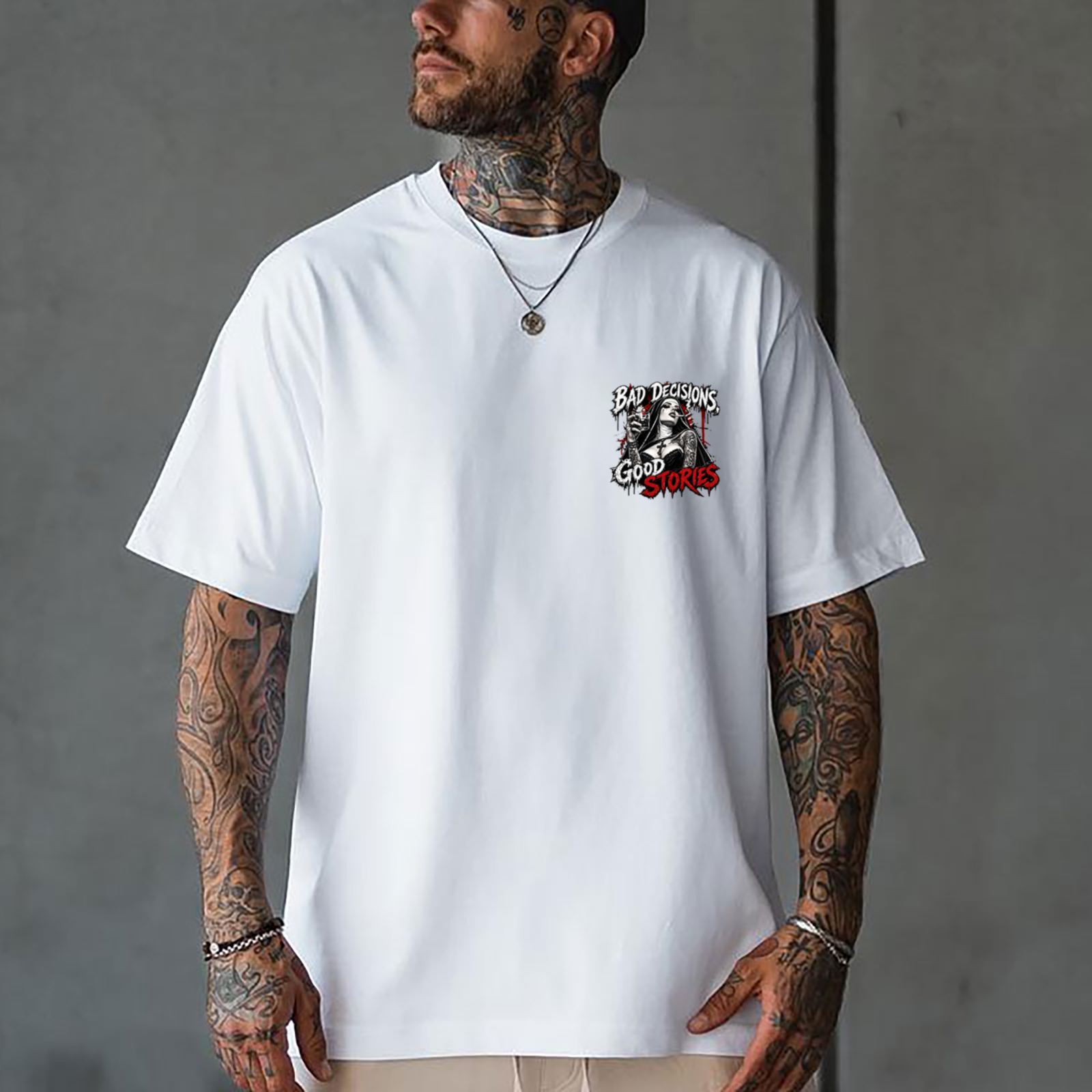 Bad Decisions Good Stories Smoking Nun Whiskey Men's Graphic T-Shirt Gothic Chicano Tattoo Art Image - 2
