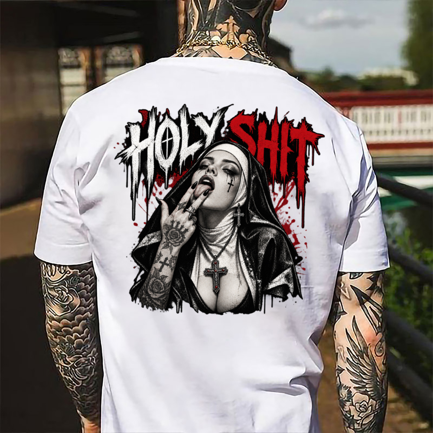 Holy Shit Cross Sexy Nun Men's Graphic T-Shirt Gothic Blood Splatter Edgy Chicano Tattoo Image - 1
