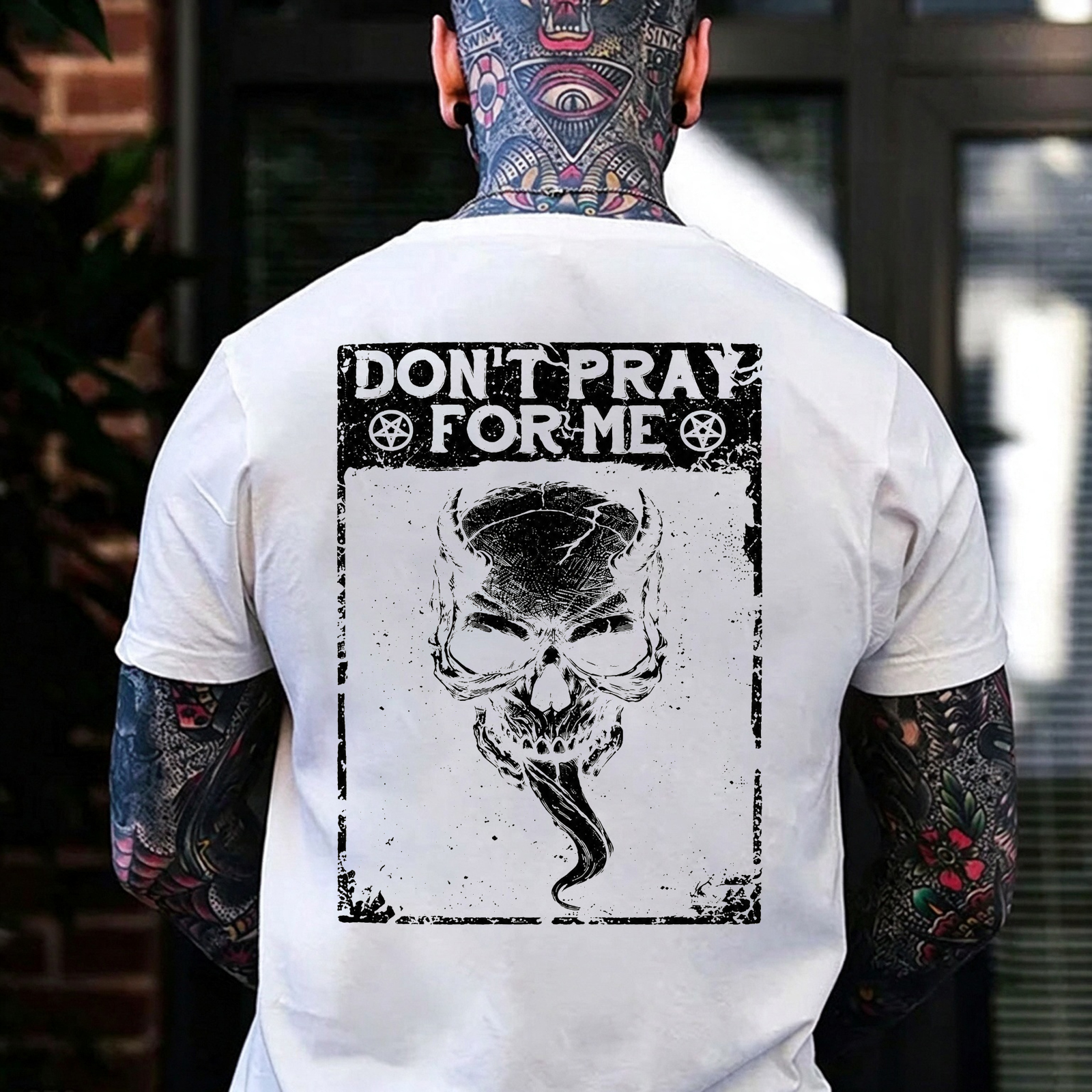 Don't Pray for Me Horned Skull Pentagram Men's Graphic T-Shirt Distressed Gothic Slogan Rock Punk Image - 2