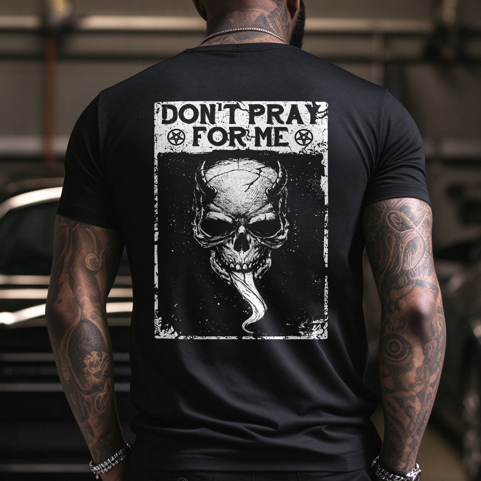 Don't Pray for Me Horned Skull Pentagram Men's Graphic T-Shirt Distressed Gothic Slogan Rock Punk Image - 1