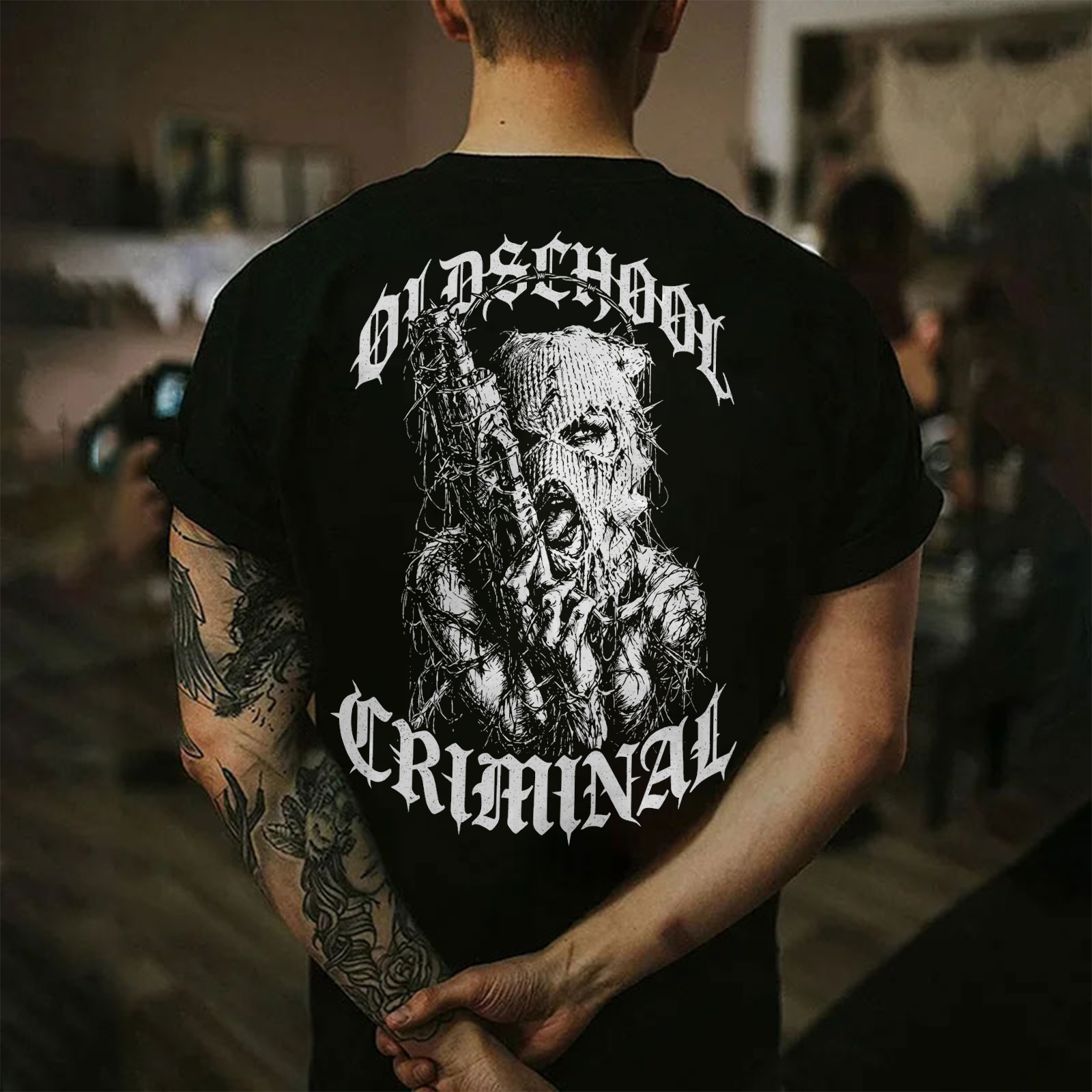 Old School Criminal Ski Mask Girl Licking Tongue Barbed Wire Provocative Chicano Gangster Men's Graphic T-Shirt Image - 1