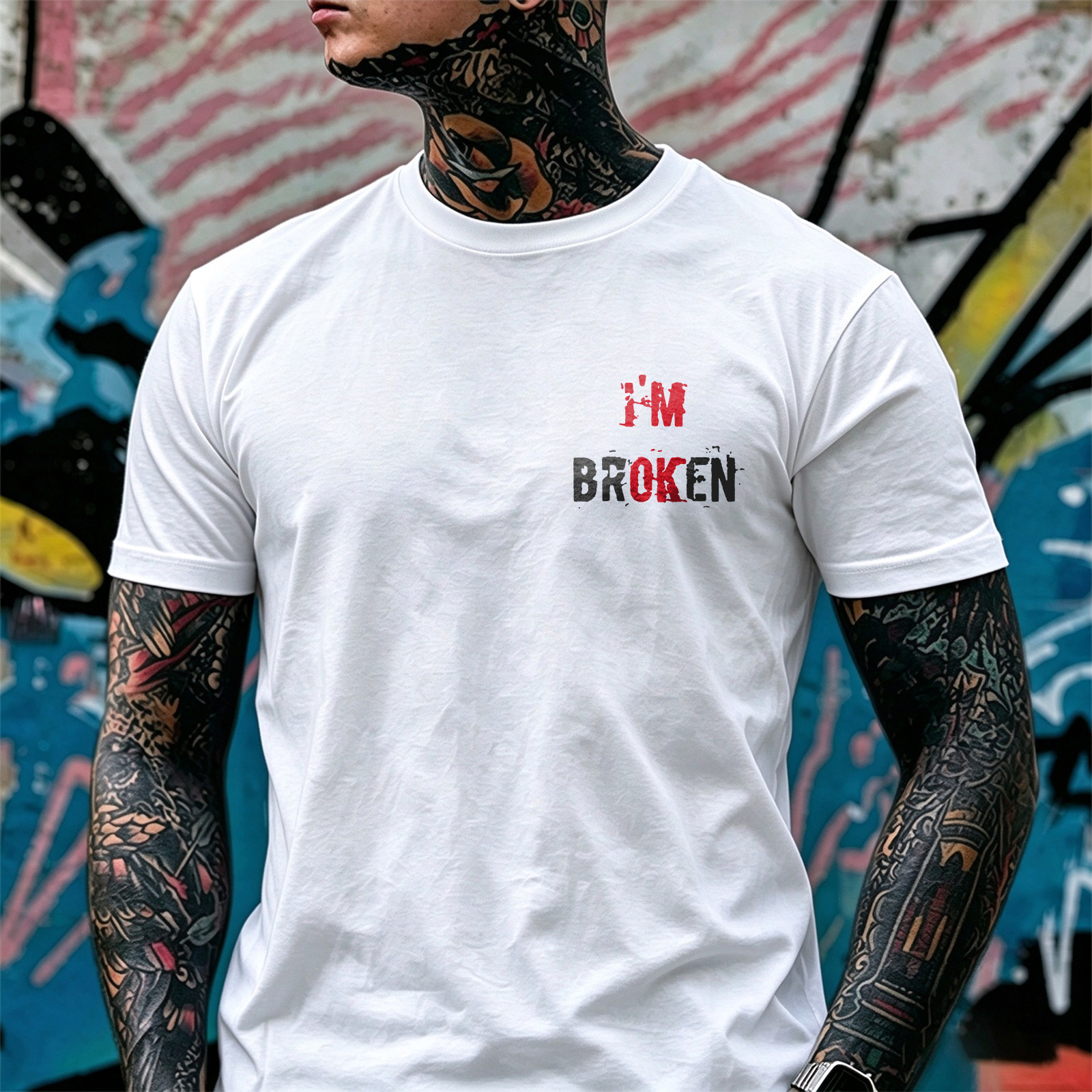 I’M BROKEN Letters Graphic Casual Simple White and Black Print T-shirt Image - 6