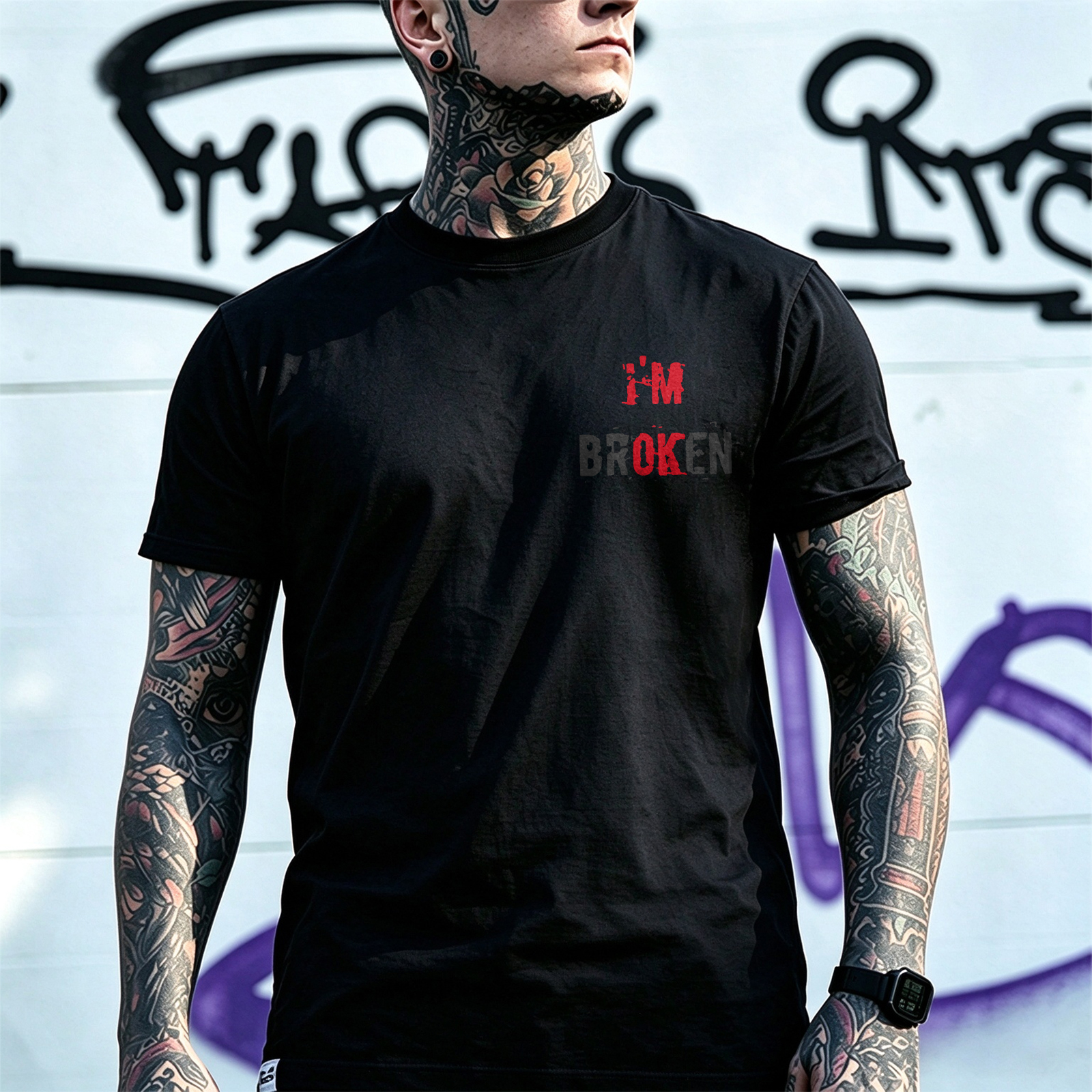 I’M BROKEN Letters Graphic Casual Simple White and Black Print T-shirt Image - 4